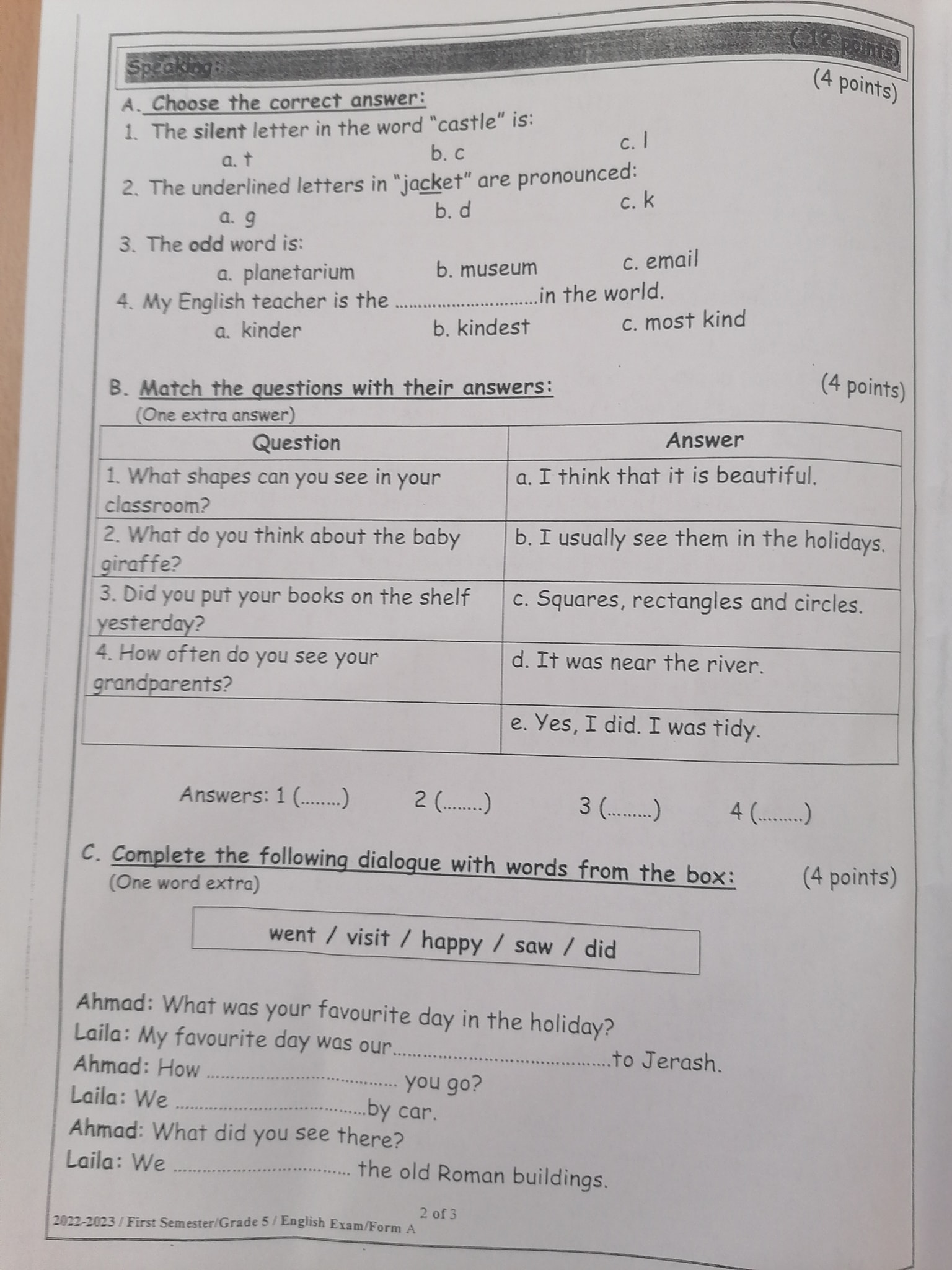 Mjg1ODgwMC4xMDY2 بالصور نموذج A وكالة امتحان اللغة الانجليزية النهائي للصف الخامس الفصل الاول 2023